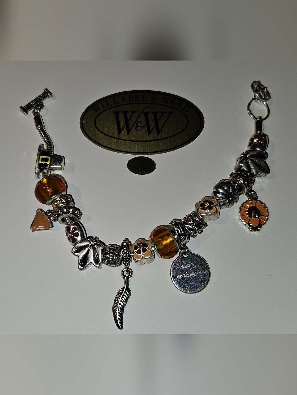 November Autumn Orange Bead Charm Bracelet - Happy Thanksgiving